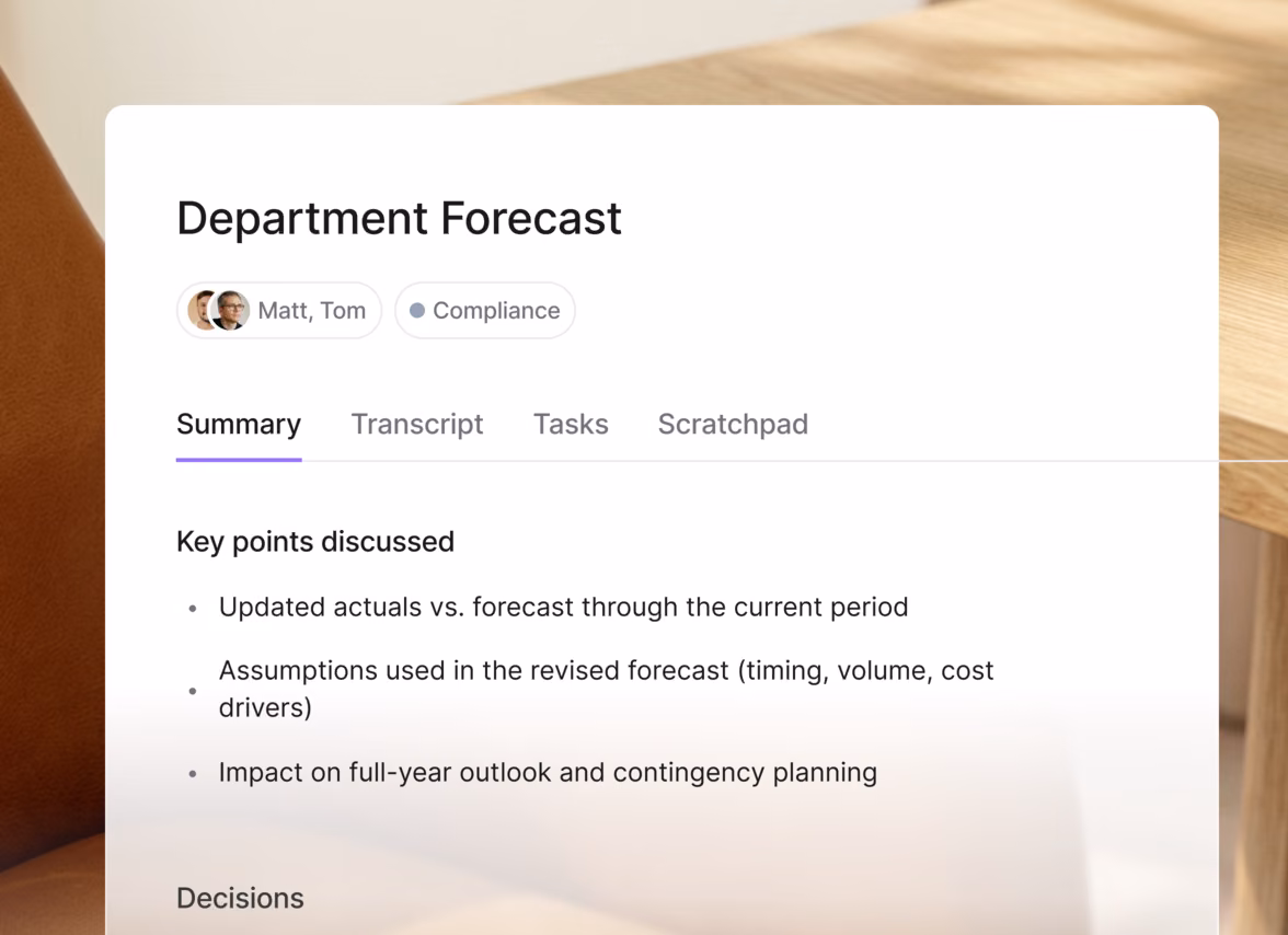 A Department Forecast meeting summary in the Jamie app