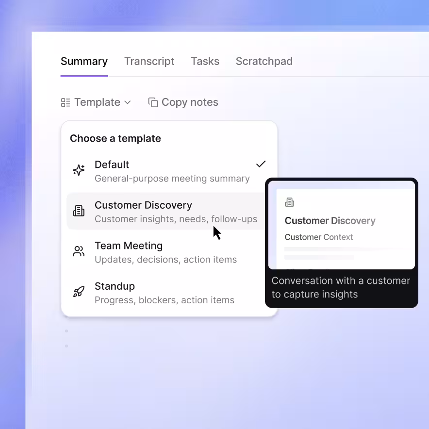 Jamie template picker showing different meeting note templates