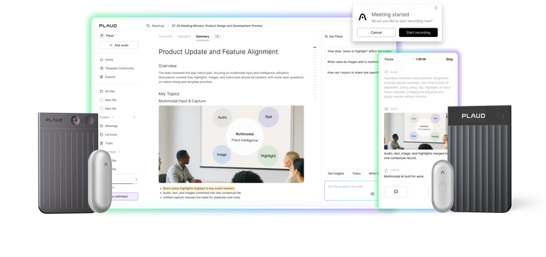 Plaud app showing an AI meeting summary with key topics, an Ask Plaud panel and Plaud recorders