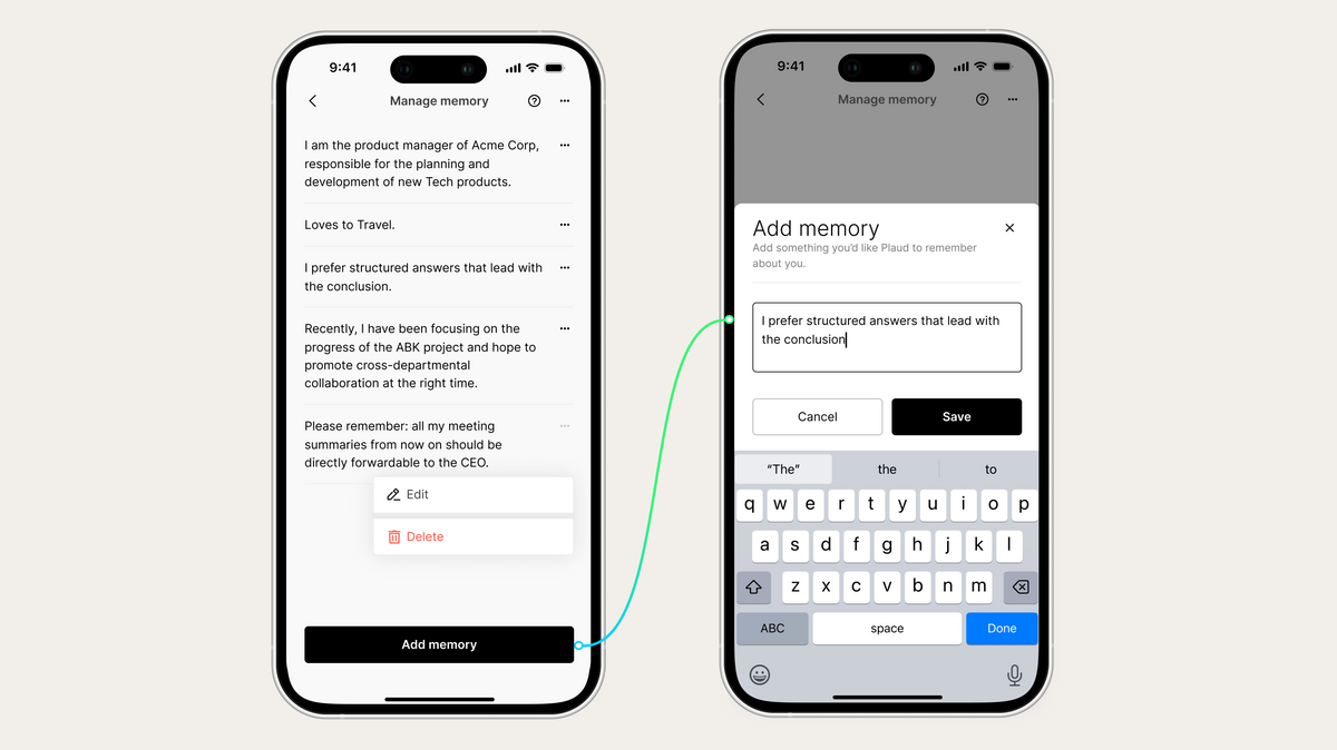 Plaud app Manage memory and Add memory screens that store personal context for Ask Plaud