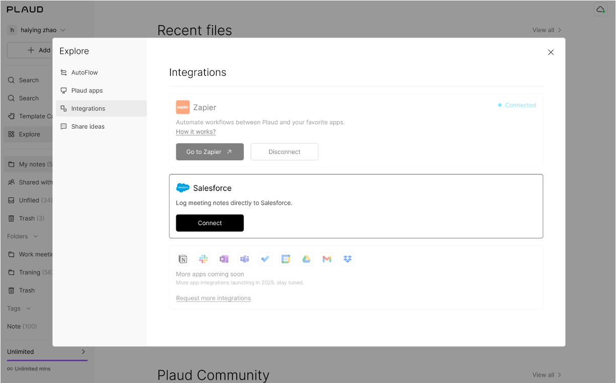 Plaud Integrations screen showing Zapier connected and an option to connect Salesforce