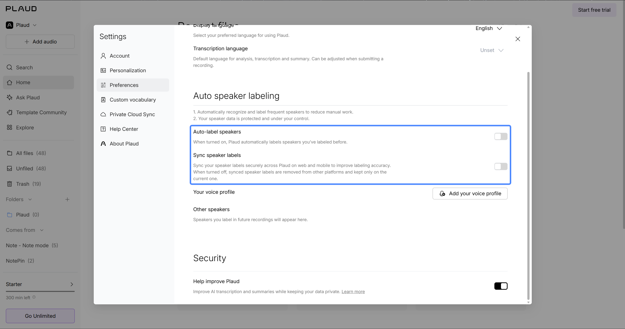 Plaud settings showing Auto speaker labeling with Auto label speakers and Sync speaker labels toggles