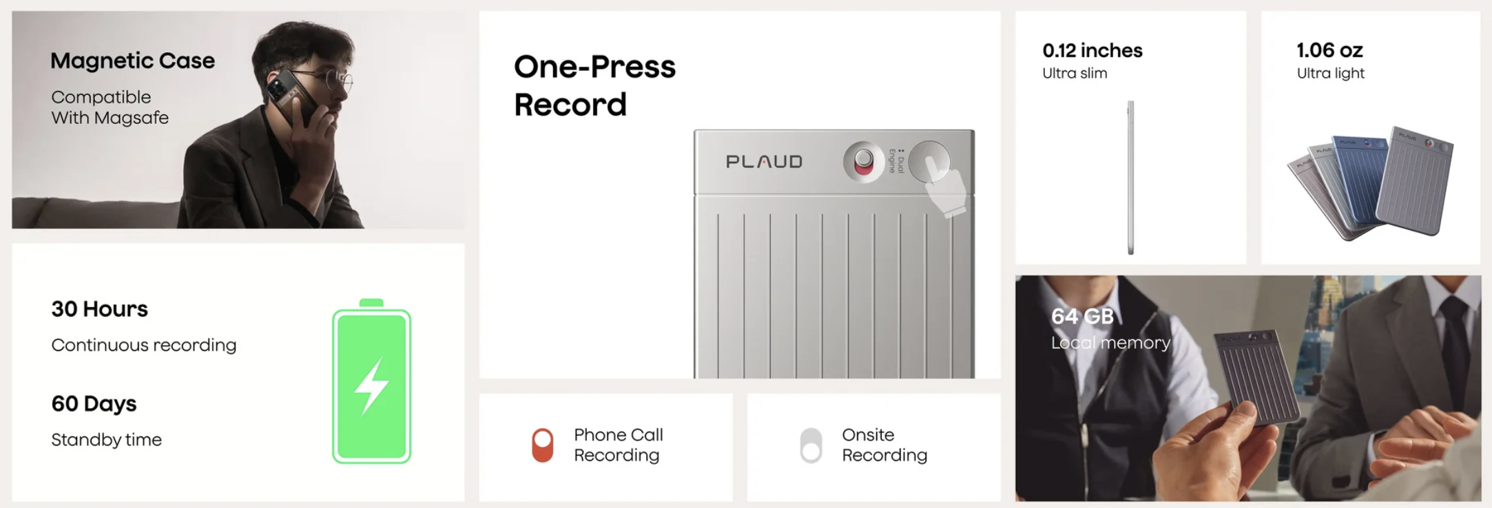 Plaud Note magnetic recorder with phone call and onsite recording modes, 30 hours of recording and 64 GB memory