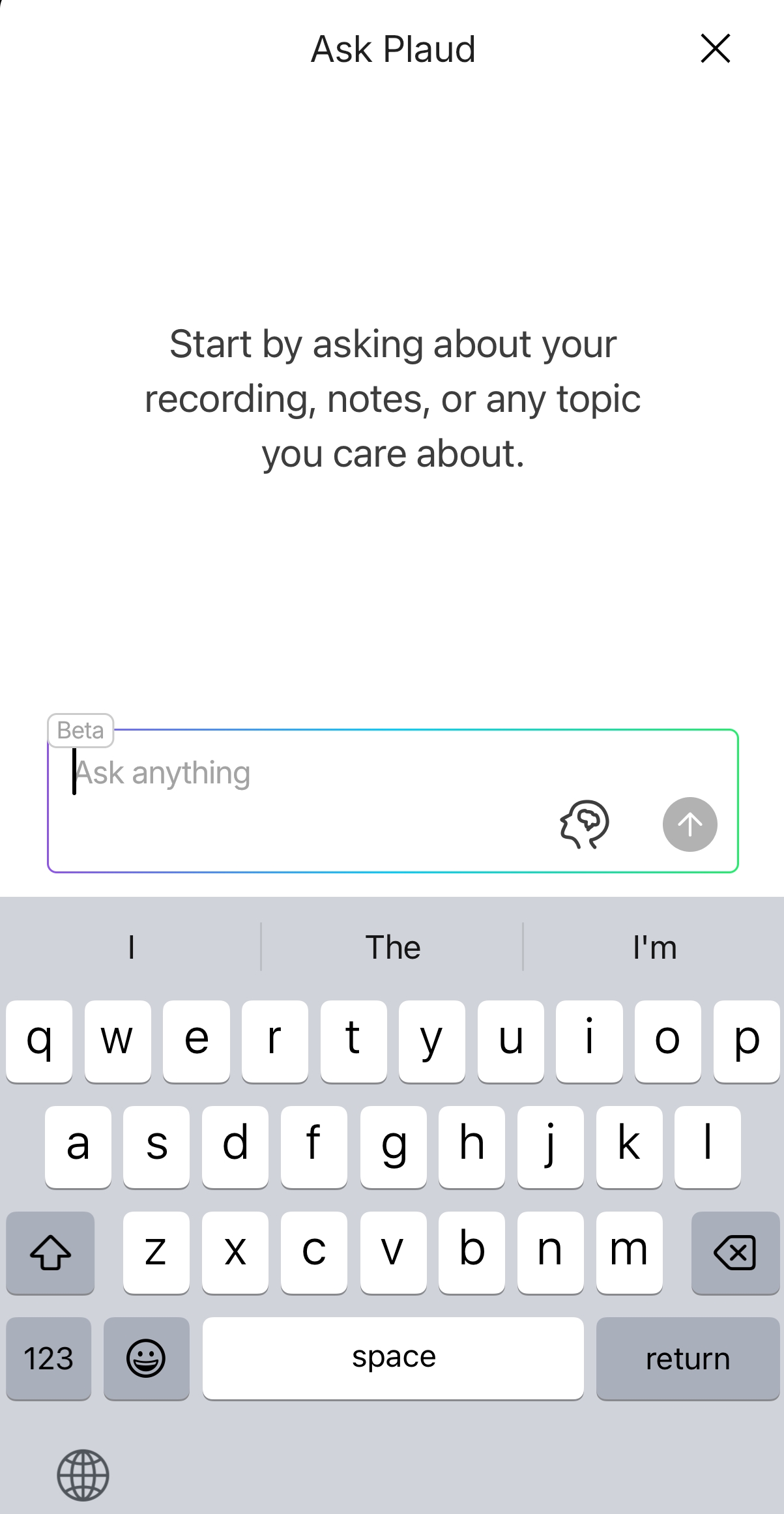 Ask Plaud chat screen in the Plaud mobile app, marked Beta, with an Ask anything box