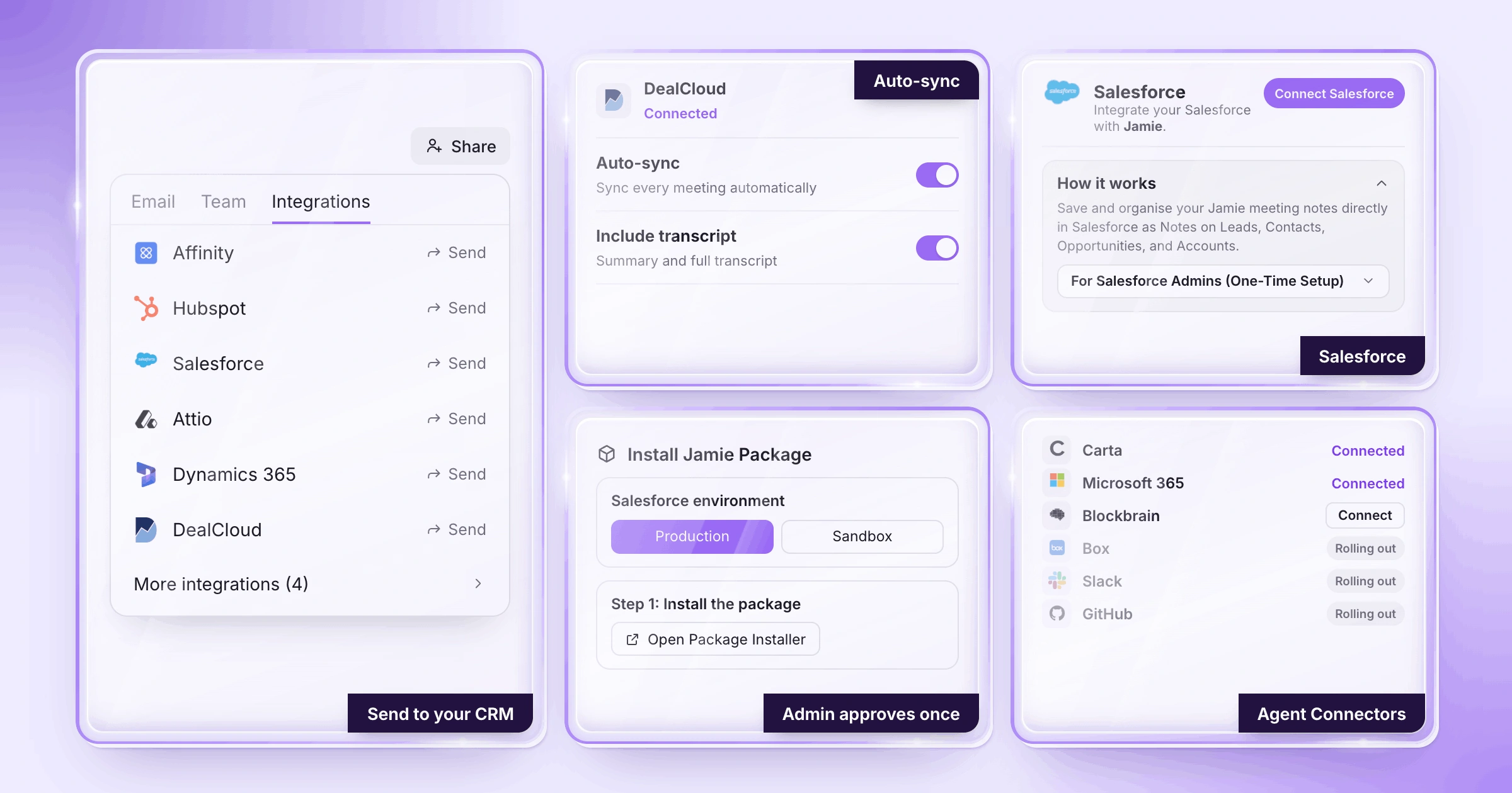Jamie logs your meeting notes into DealCloud, Affinity, Salesforce, HubSpot, Dynamics 365 and Attio.