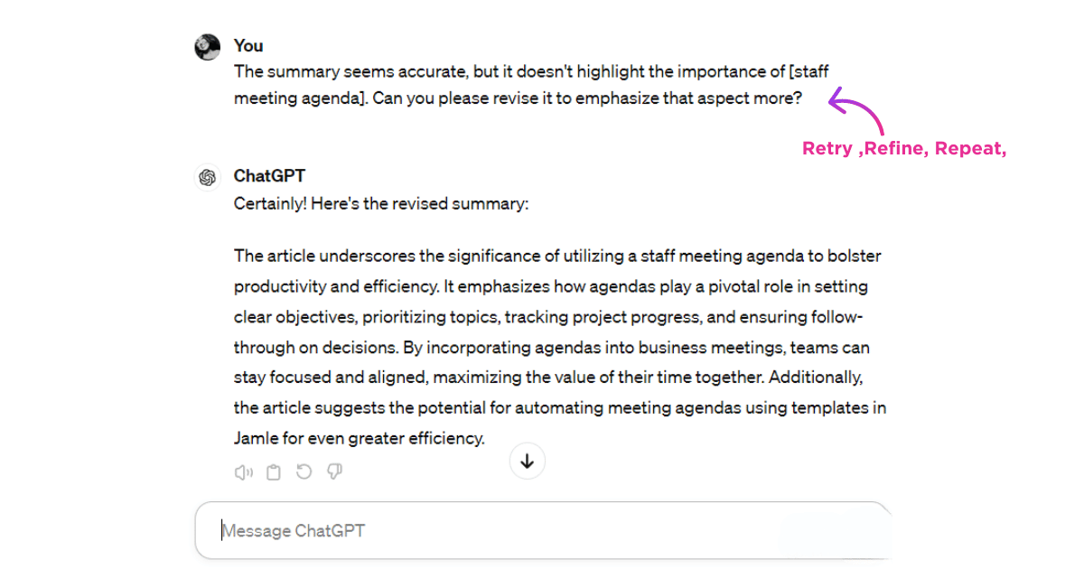 Fine tune prompts and repeat | chatgpt to summarize | ai tool | writing skills |