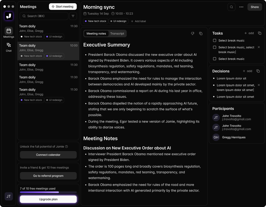 Get actionable meeting summary with Jamie