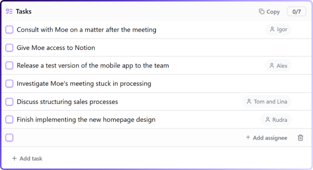 Image showcasing Jamie's task extraction : Jamie AI automatically identifies action items, assignments, and decisions discussed during the call and pulls them out into a dedicated “Tasks” list as part of the meeting notes. | tactiq alternatives for agencies