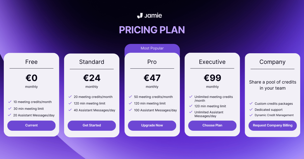 Jamie Pricing Plan | Otter ai Vs Descript Vs Jamie