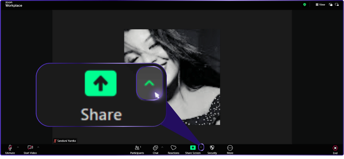 Step 02: Click the upward arrow next to the Share Screen | How to Enable Screen Sharing on the Web Version of Zoom | how to share a screen on zoom