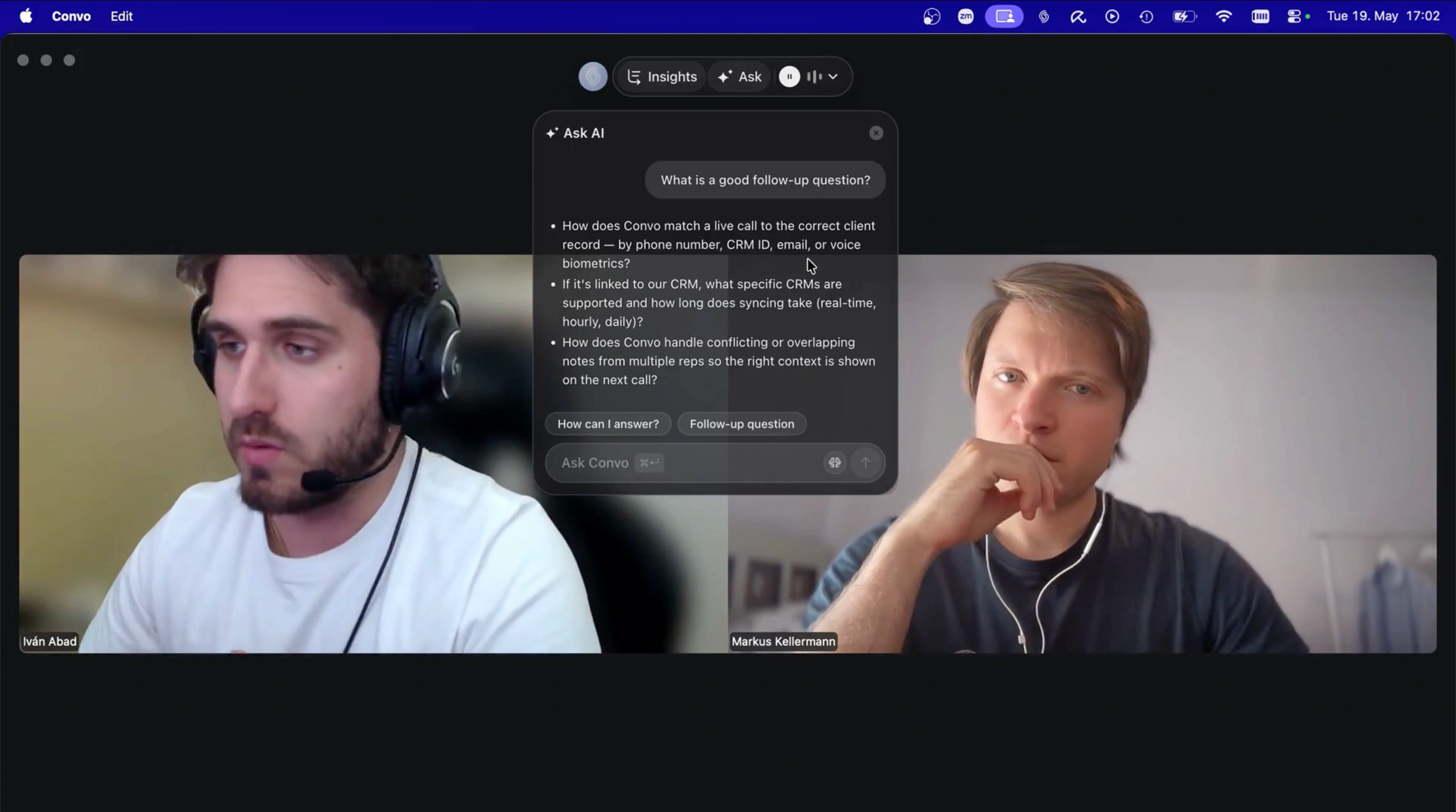 Convo’s Ask AI panel suggesting a follow-up question during a live sales call
