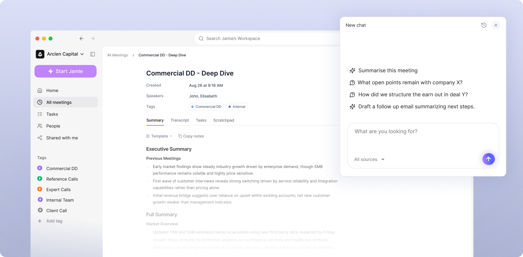 The Jamie workspace showing meeting notes, summaries and action items