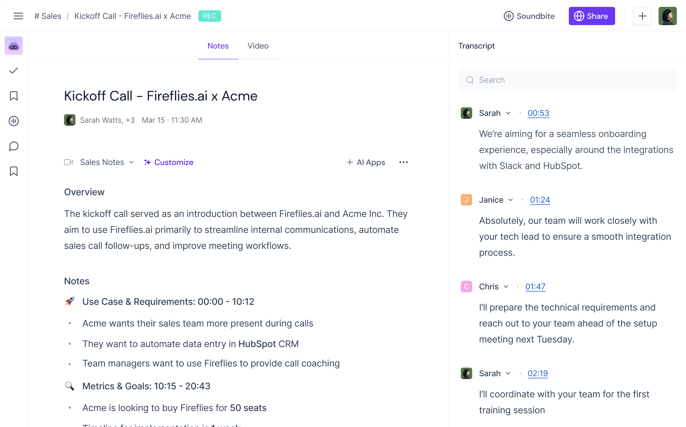 Fireflies Notepad interface displaying meeting transcript and summary features. | Meeting minute software