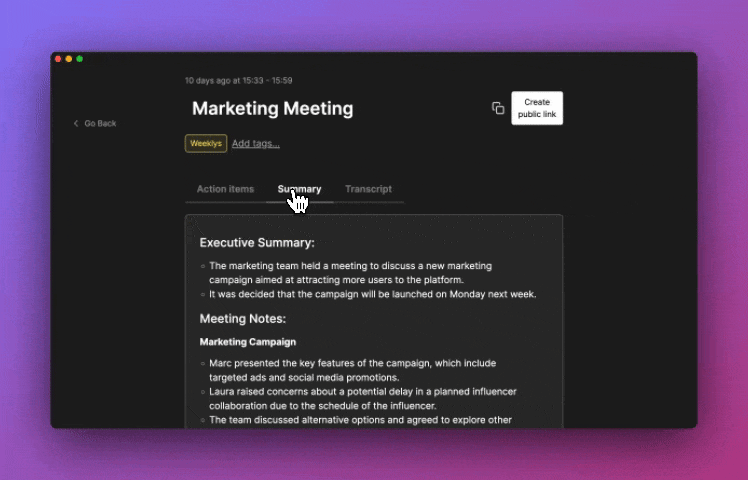 generated meeting summary that sales teams can use
