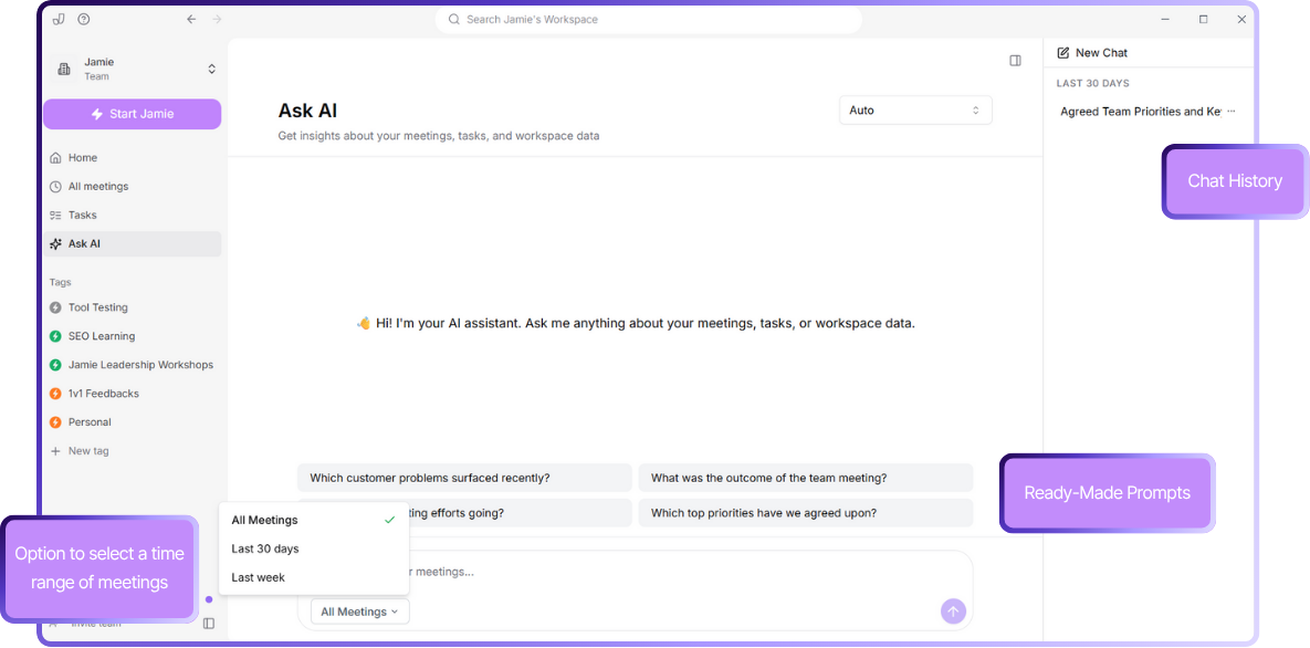 Jamie's Ask AI lets you query your entire meeting history in a chat-like interface. | Best AI transcription software for 2025