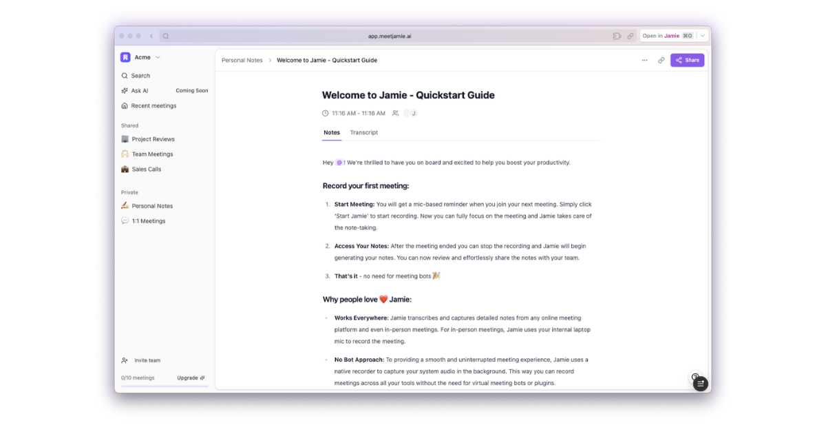 Jamie automatically generates concise meeting notes from your meetings.