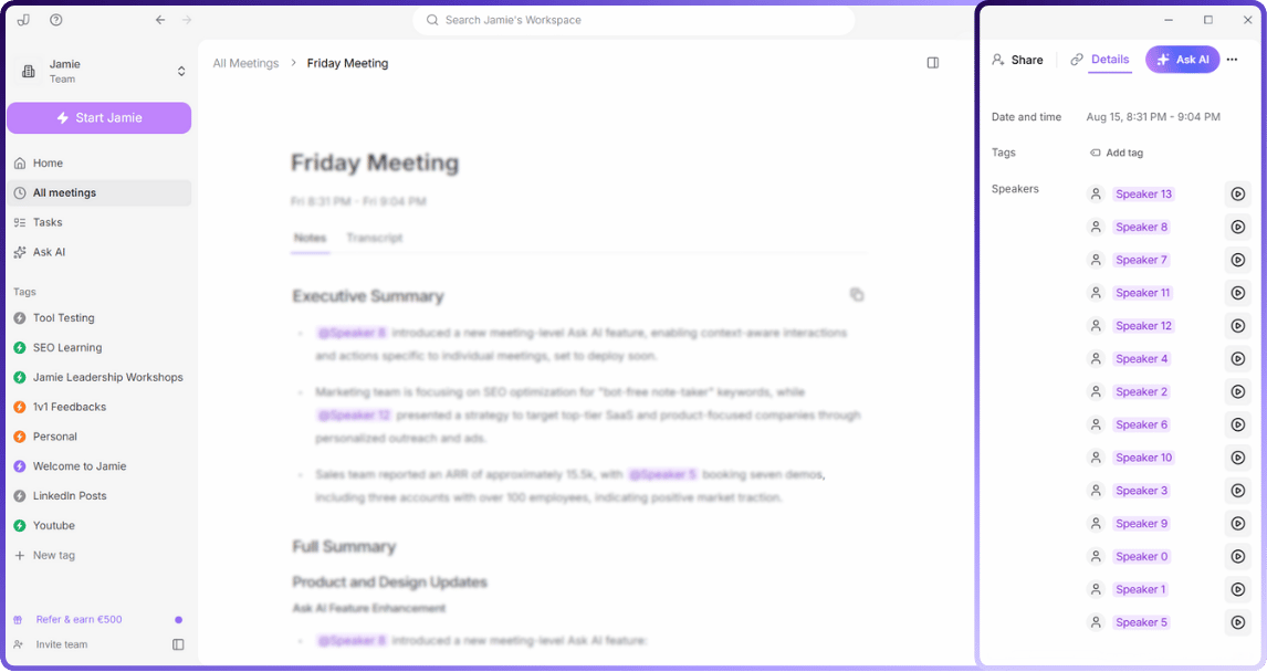 Jamie identifies speakers so your notes show who said each line. | ai meeting note takers that do not use bots to join video calls