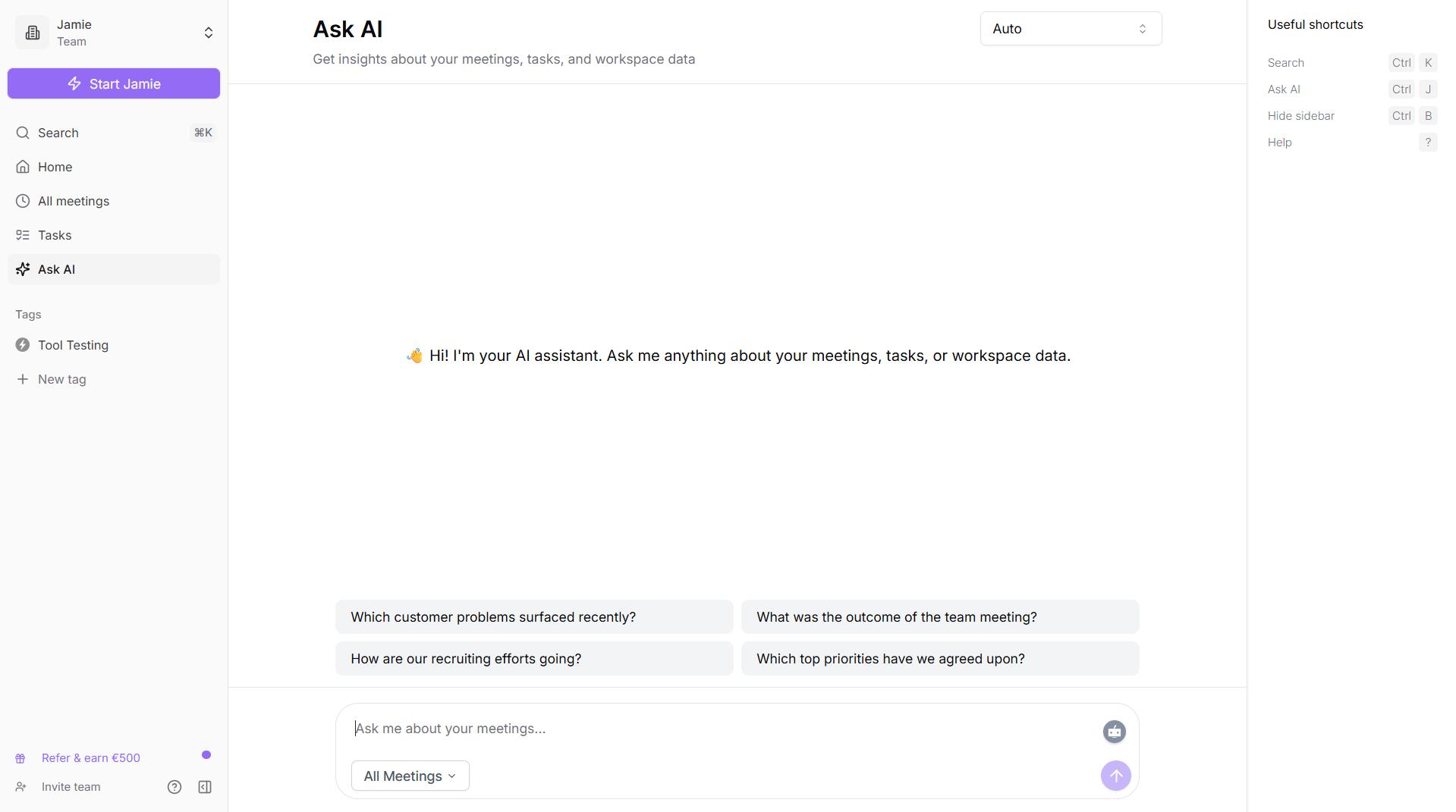 Jamie’s Ask AI lets you ask natural questions about past meetings and get instant answers.