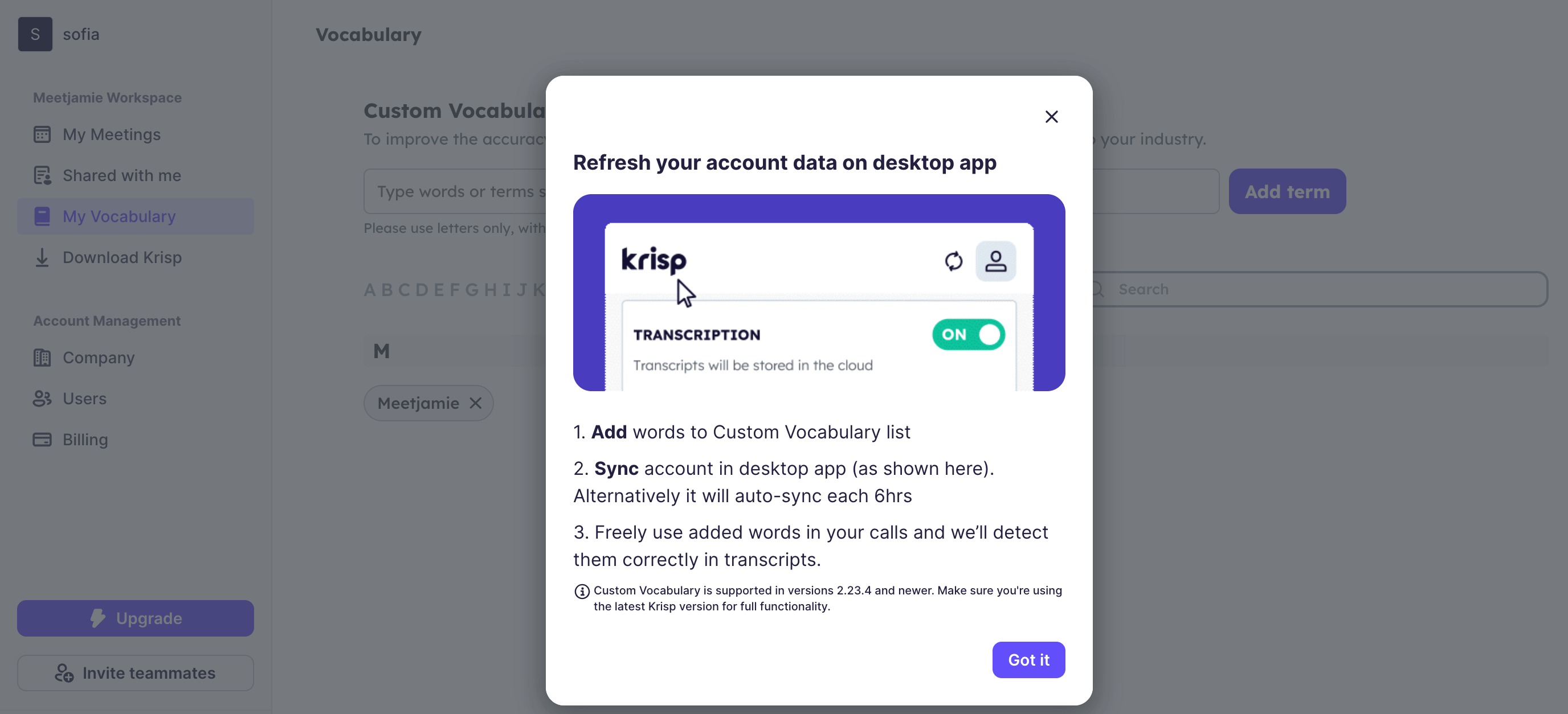 krisp ai note taker dashboard