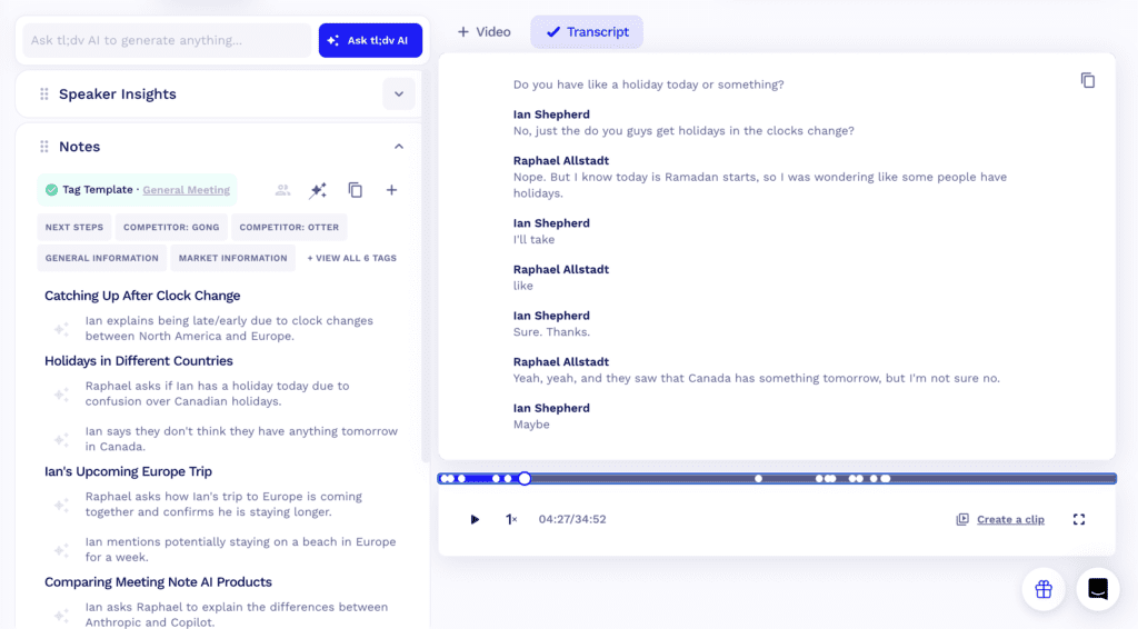 tl;dv is an ai note taker the primarily need a bot to join but do have an option to use a bot - free method using zapier integration and uploads